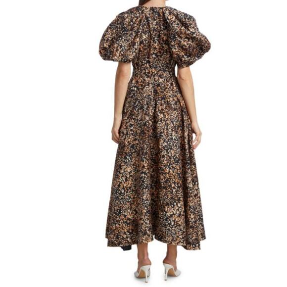 Acler NWOT Warner Belted Dress Puff Sleeves Linen A Line Maxi Black Brown Size 6 - Picture 2 of 15